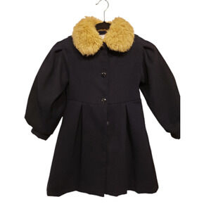 Janie and Jack Navy Blue Girls Puff Sleeve Coat Faux Fur Collar 5-6